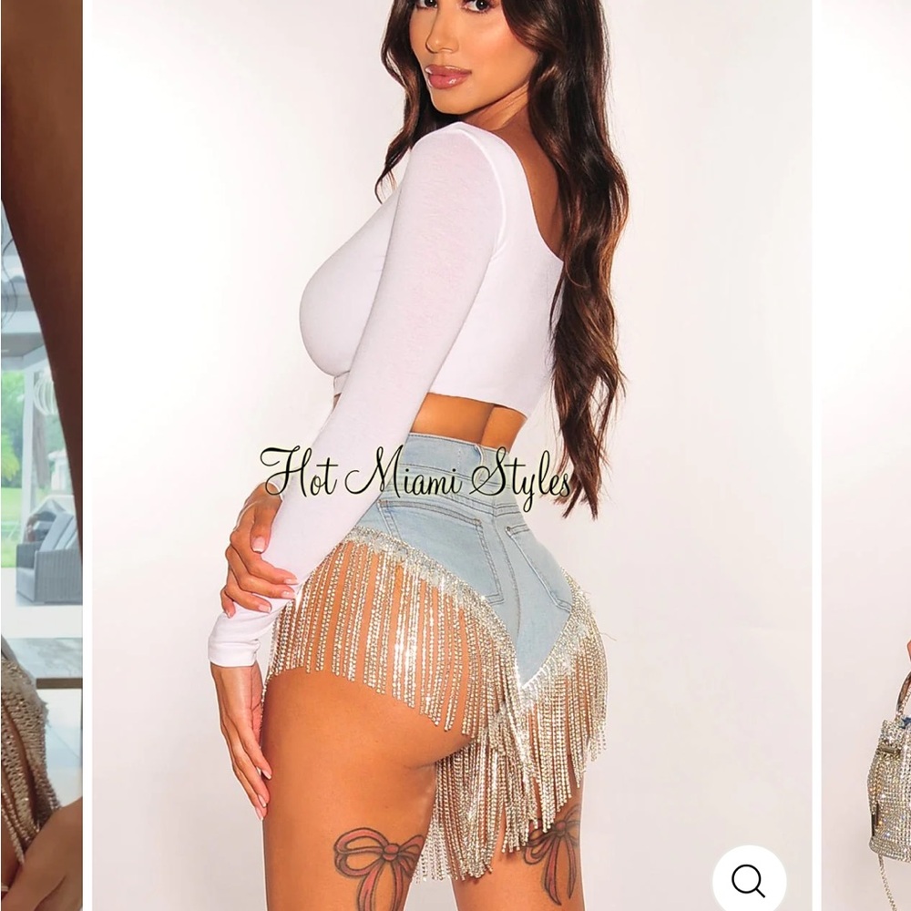 Hot Miami Styles White and Blue Jean Shorts with Fringe